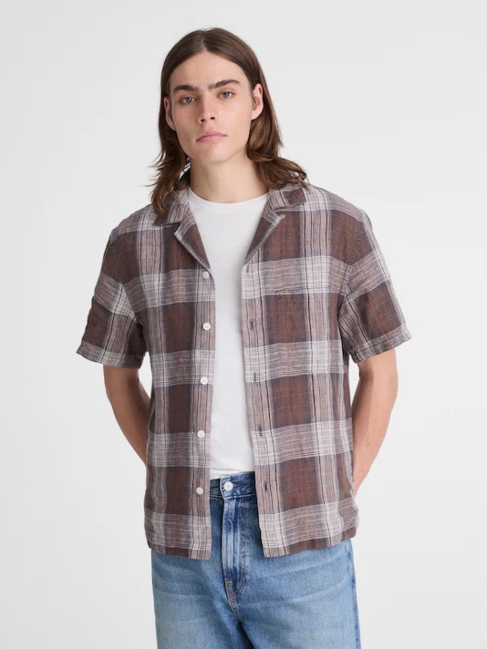 Madewell J.Crew Short-Sleeve Camp Shirt in Linen Heritage Plaid Size XL